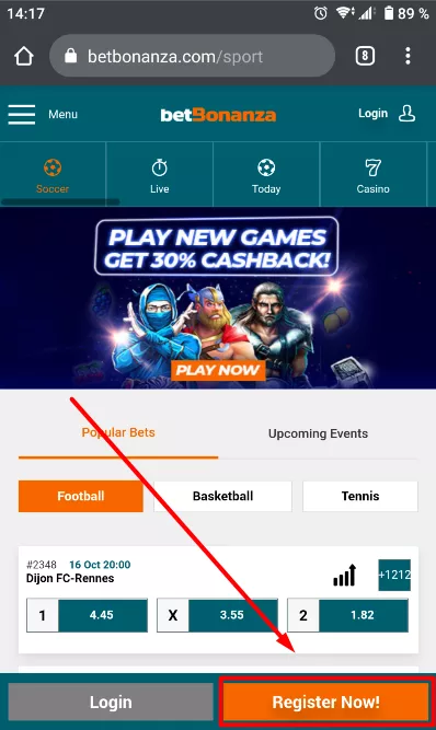 BetBonanza register button mobile